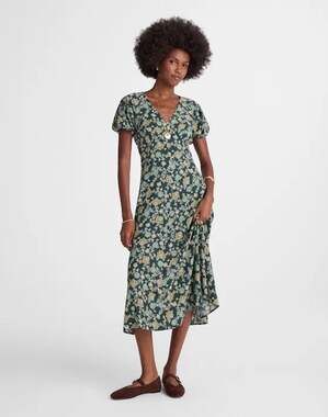 Madewell Seamed Puff-Sleeve Midi Dress in Floral Mineral Blue Cottage US 12 NWT